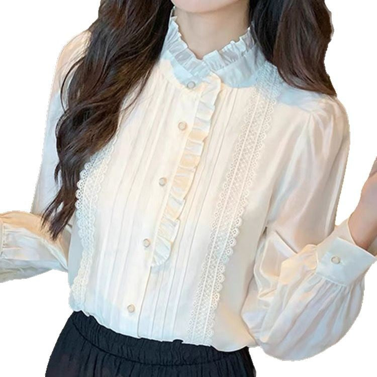 Womens Sophisticated Ruffle-Trim Long-Sleeve Stand-Collar Shirt