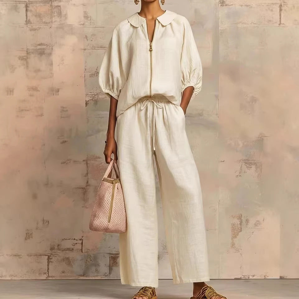 Solid-color Casual Loose-fitting Zip-up Sweatshirt And Straight-leg Pants Set