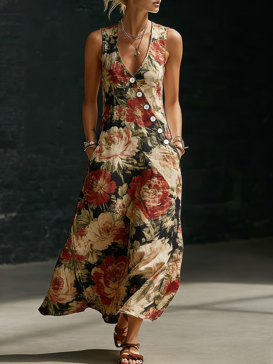 Womens Loose V-Neck Slant-Button Dress