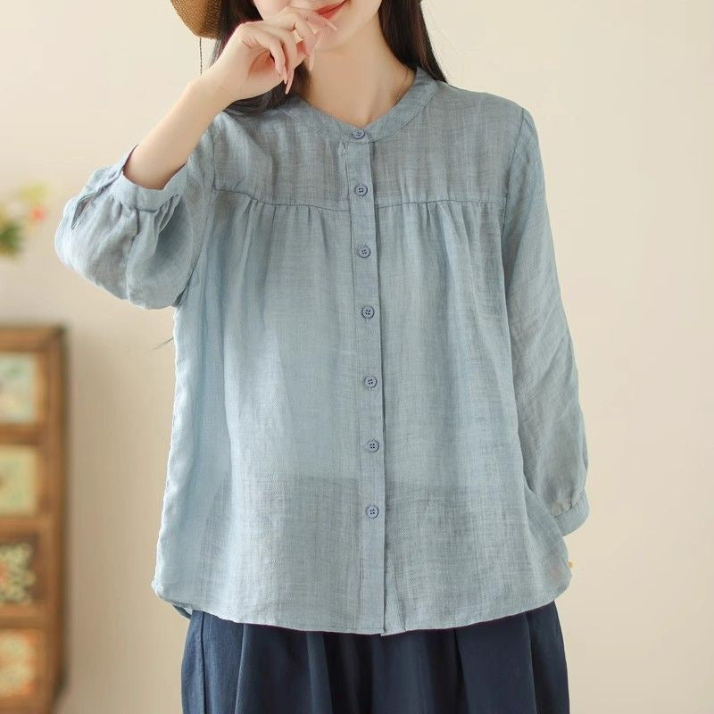 Simple Style Elegant Cotton And Linen Three-quarter Sleeve Stand Collar Shirt For Women