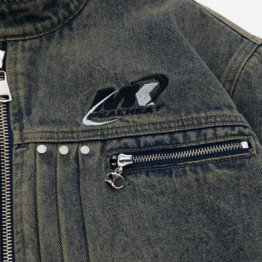 Washed And Worn Zipper Pocket Denim Jacket