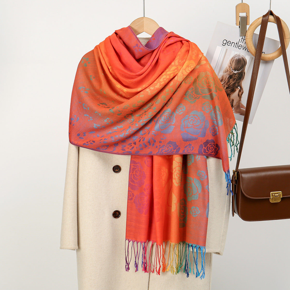 Womens Ethnic-Style Gradient Embroidered Colorful Cashew Tassel Shawl