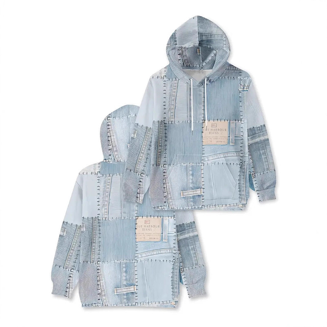Womens Casual Pullover With Denim-Style Patchwork And Print