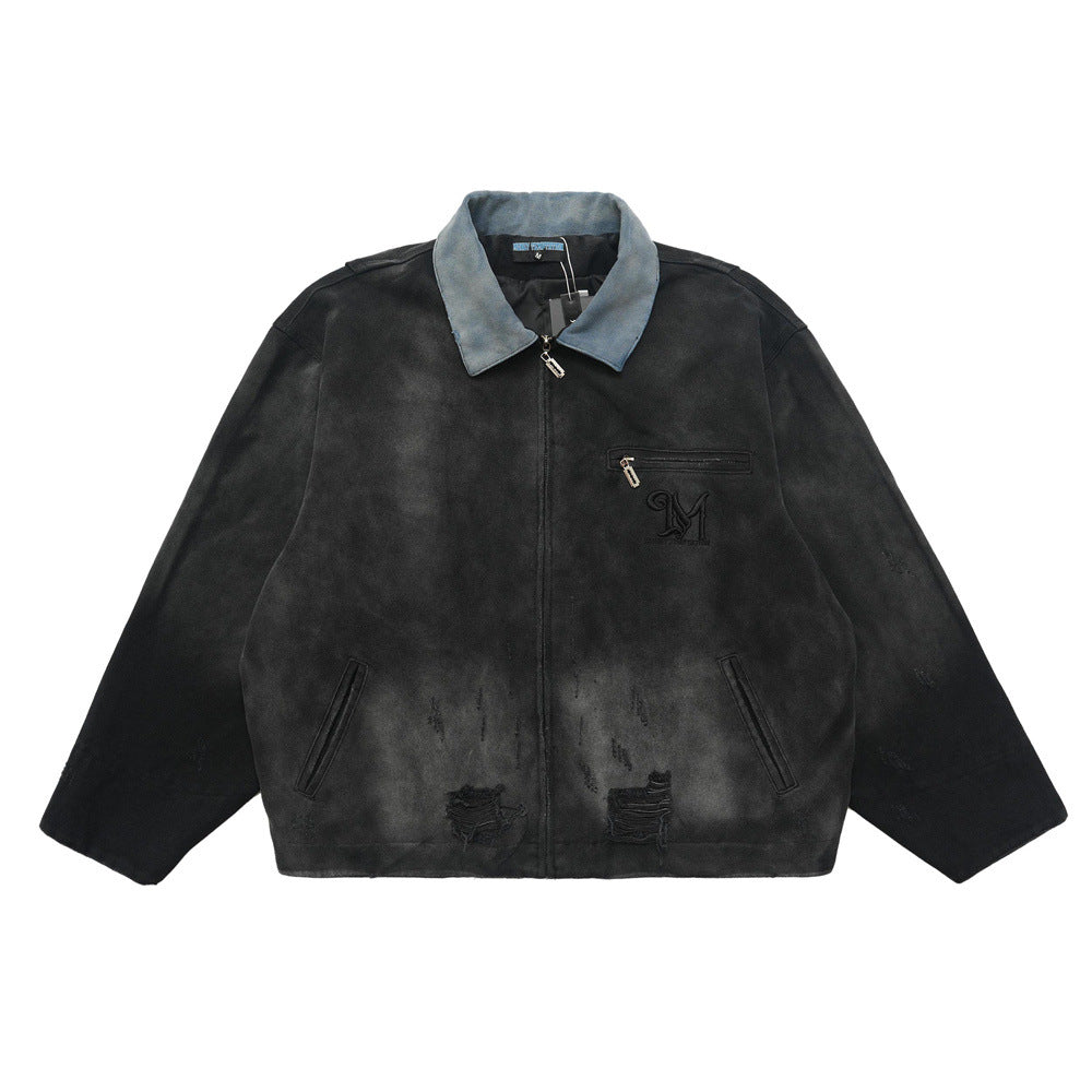 American Retro Canvas Workwear Contrast Color Lapels Denim Jacket
