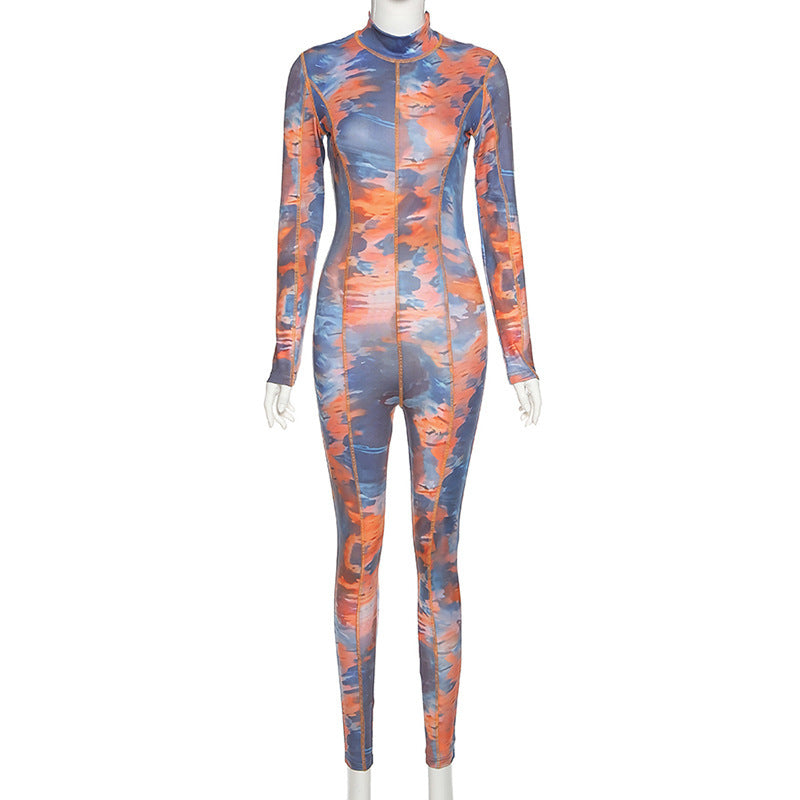 New Fashion Printed Long Sleeve Slim Sports Jumpsuit