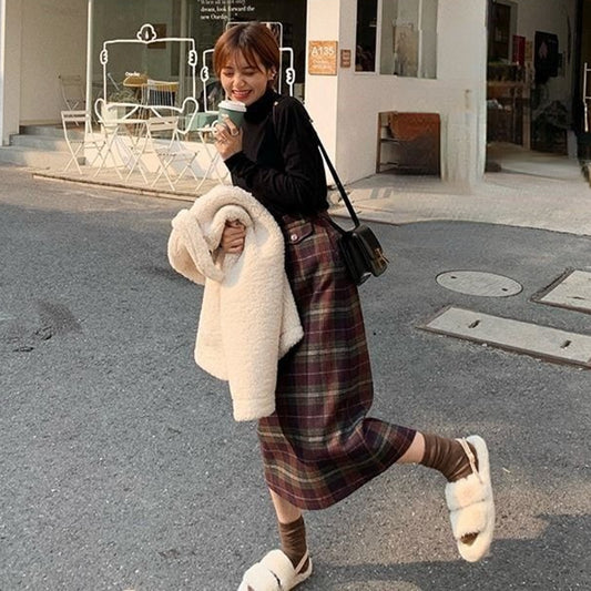Woolen Plaid Skirt Slimming Versatile