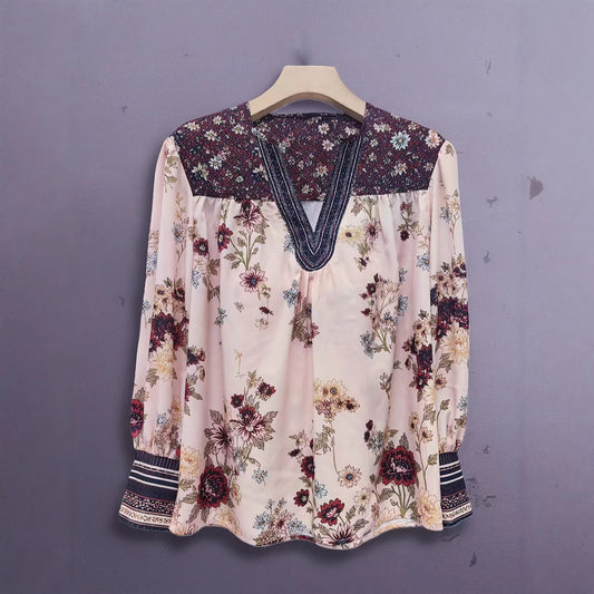 V-Neck Lace-Patchwork Long-Sleeve Floral Print Womens T-Shirt