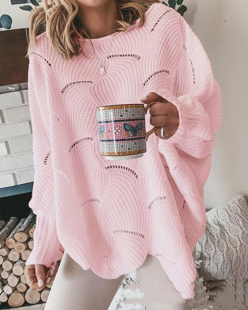 European And American Leisure Fashion Plus Size Hollow-out Hook Flower Loose Solid Color Sweater