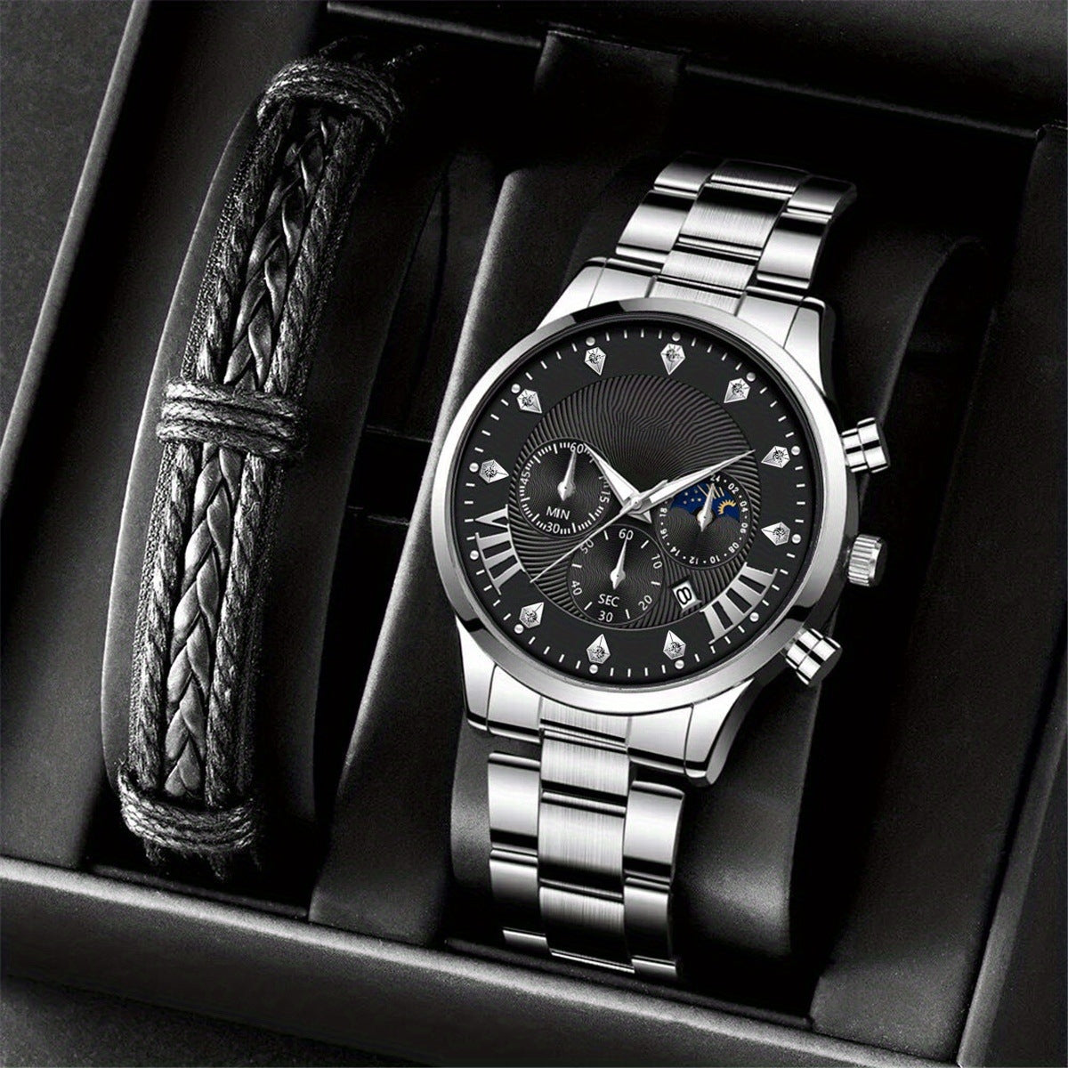 Diamond Men's Steel Strap Watch Sun Moon Star Calendar Quartz