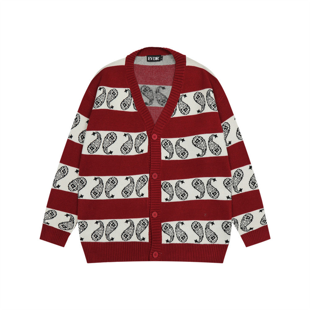 Jacquard Stripe Embroidered Pattern Knitwear Men's V-Neck Sweater