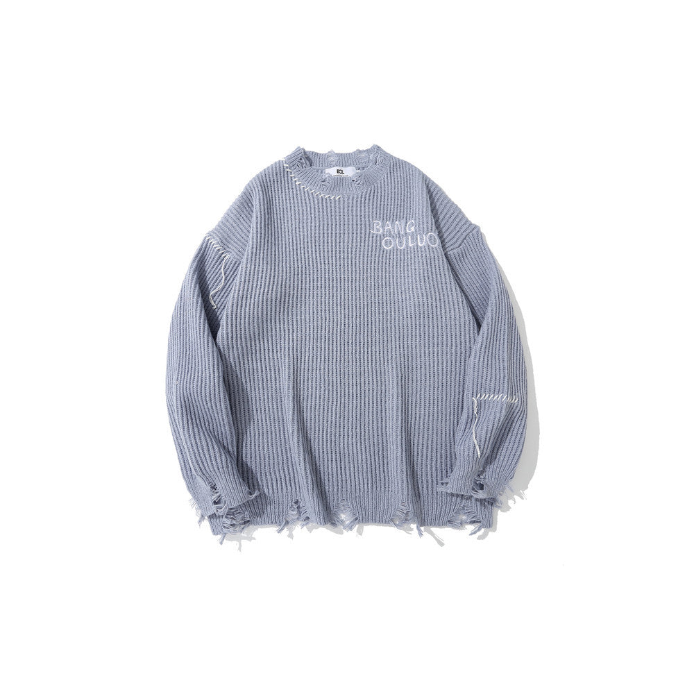 Dark Embroidered Ripped Letter-printing Sweater For Men