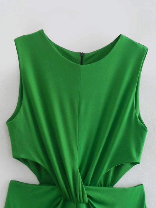 Women's Round Neck Solid Color Knotted Cutout Jumpsuit