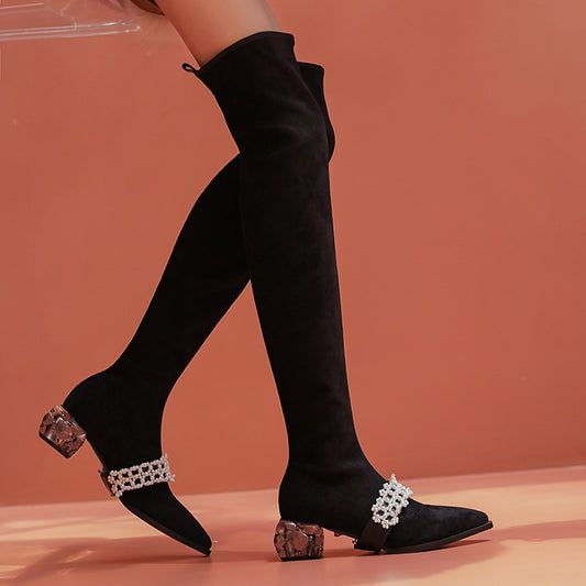 Suede Pointed Toe Elastic Lining Full Leather Crystal Chunky Heel Boots