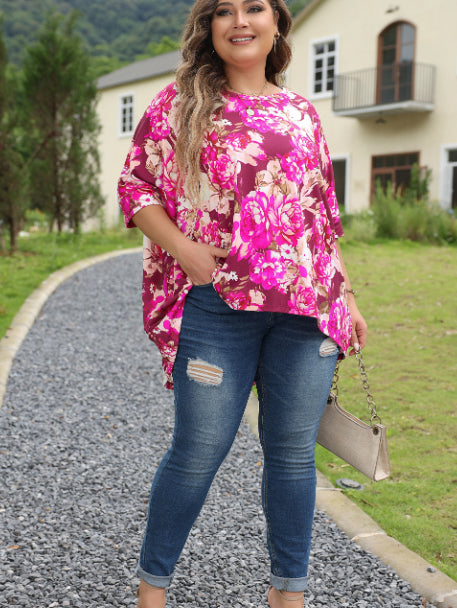Red Floral Print Short Sleeve Plus Size Blouse