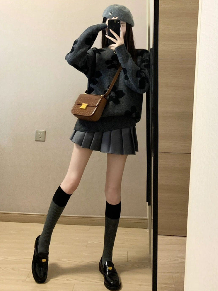 Idle Style Soft Glutinous Suit Flower Long Sleeve Sweater