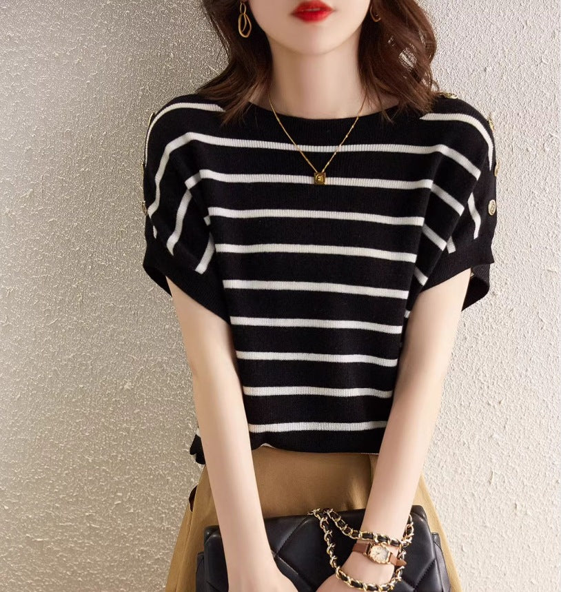 New Striped Top Ice Silk Short Sleeve Slimming And Flesh-covering T-shirt