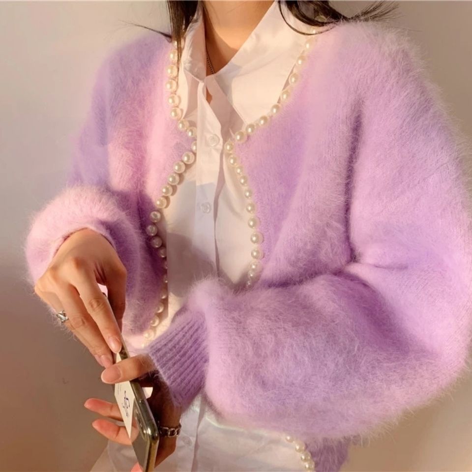 Korean Style Solid Color Fashion Loose Pearl Edge Mink-like Wool Cardigan Sweater