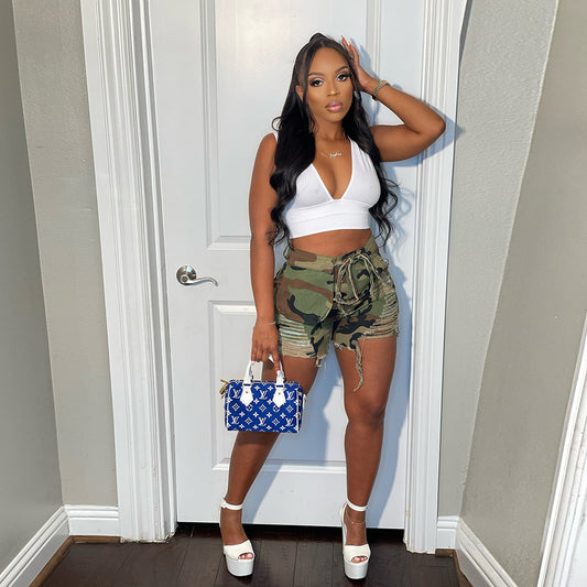High-waist Camouflage Wash Personalized Tassel Pants
