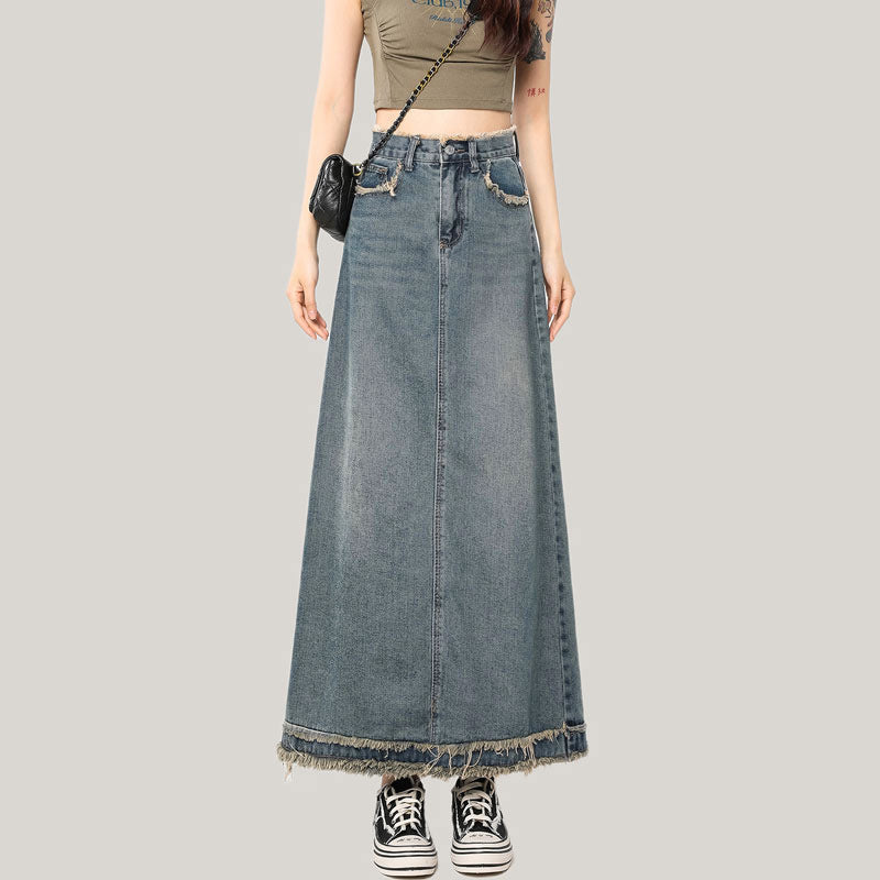 Female Summer Retro A- Line Sheath Niche Flab Hiding Mid-length Skirt Thin