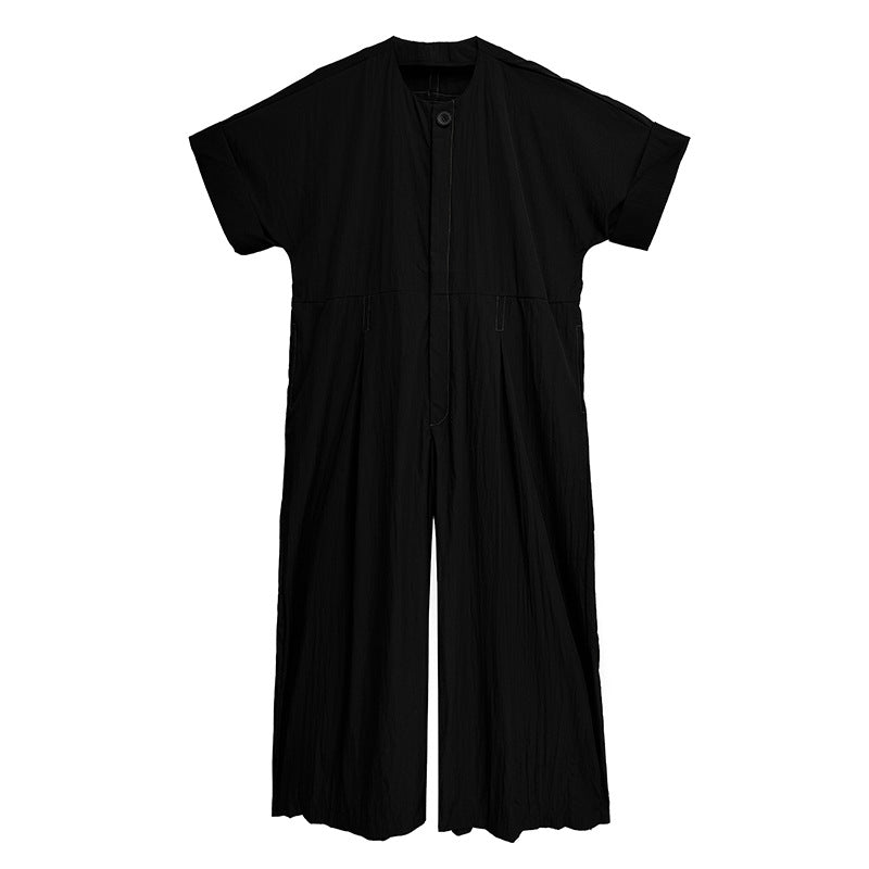 Fashion Large Buttons Round Neck Short Sleeve Cargo Overalls Summer