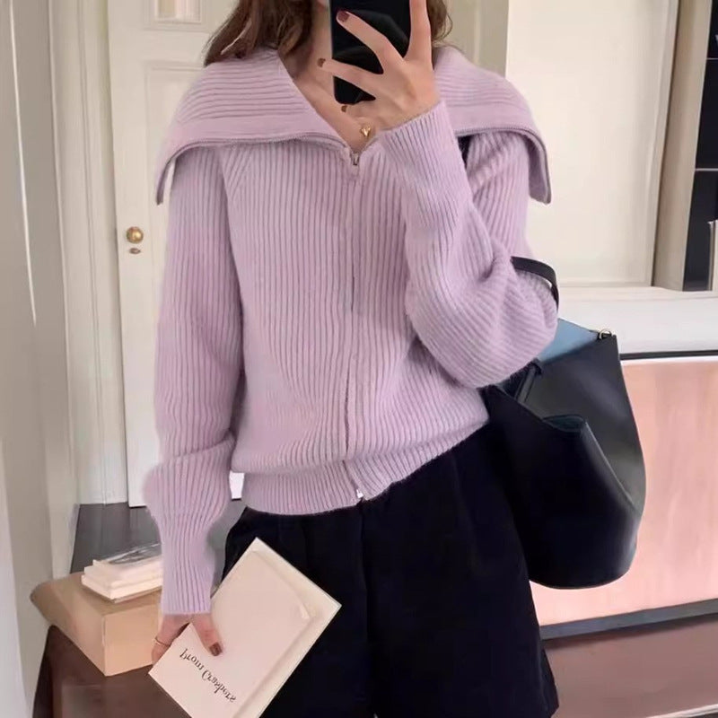 Korean Style Idle Style Large Lapel Knitted Cardigan Zipper Coat