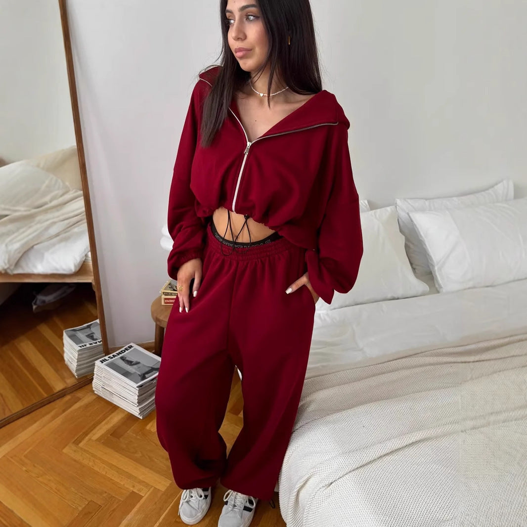 Womens Casual Set Long-sleeve Zip-up Cardigan Hoodie