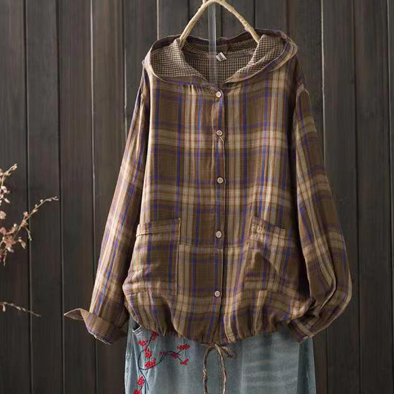 New Korean-style Oversized Artistic Retro Casual Plaid Cotton-linen Double-layer Shirt With A Hood