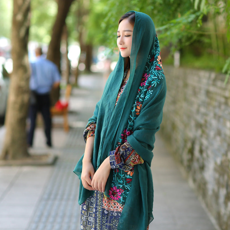 Ethnic Style Embroidered Floral Scarf Shawl Sunscreen Silk Female