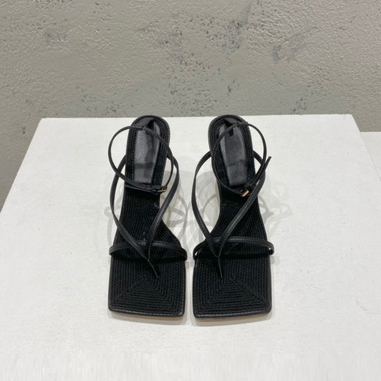 Square-toe High-heel Sandals In Woven Mesh And Leather