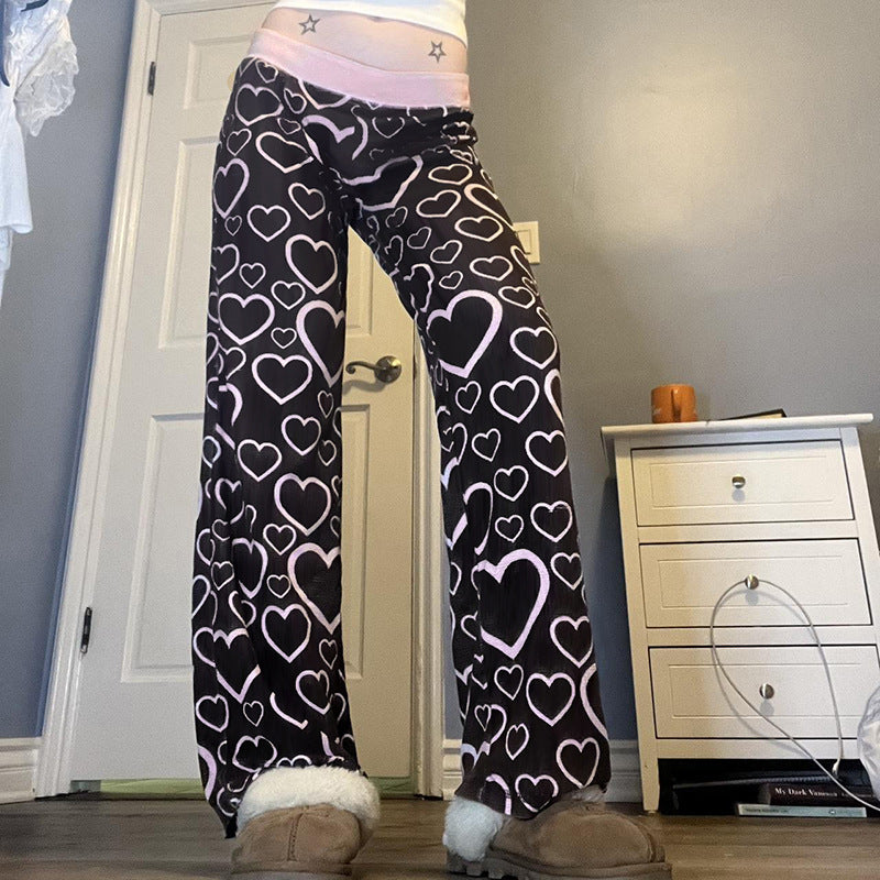 Contrast Color Heart Printing Casual Trousers