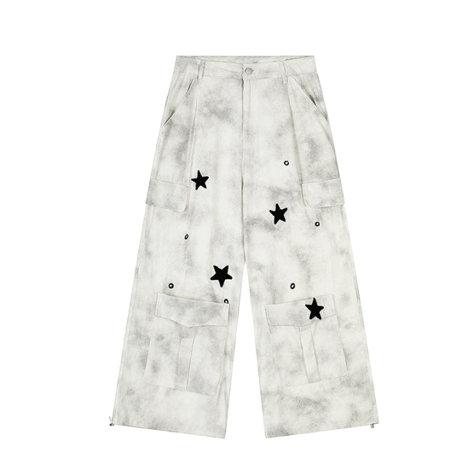 Worn Looking Washed-out Tie-dye Wide-leg Overalls
