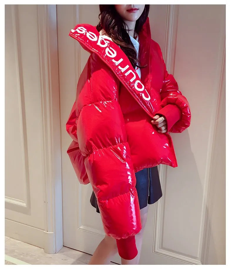 Women's Loose And Short Bright Leather Disposable Cotton Coat