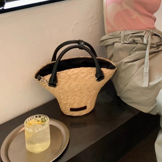 Mode Strå Kontrastfarvet Spand Strandtaske