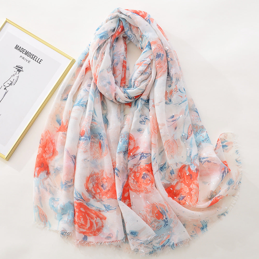 Women's Rose Bronzing Large Gauze Cotton Linen Versatile Scarf