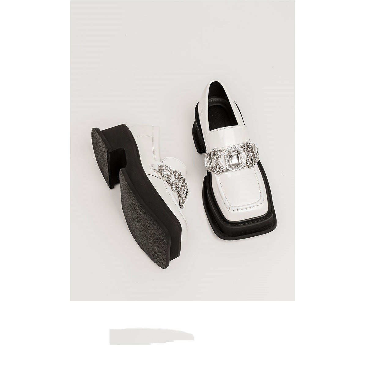 Rhinestone Lok Fu Square Toe Chunky Heel Shoes
