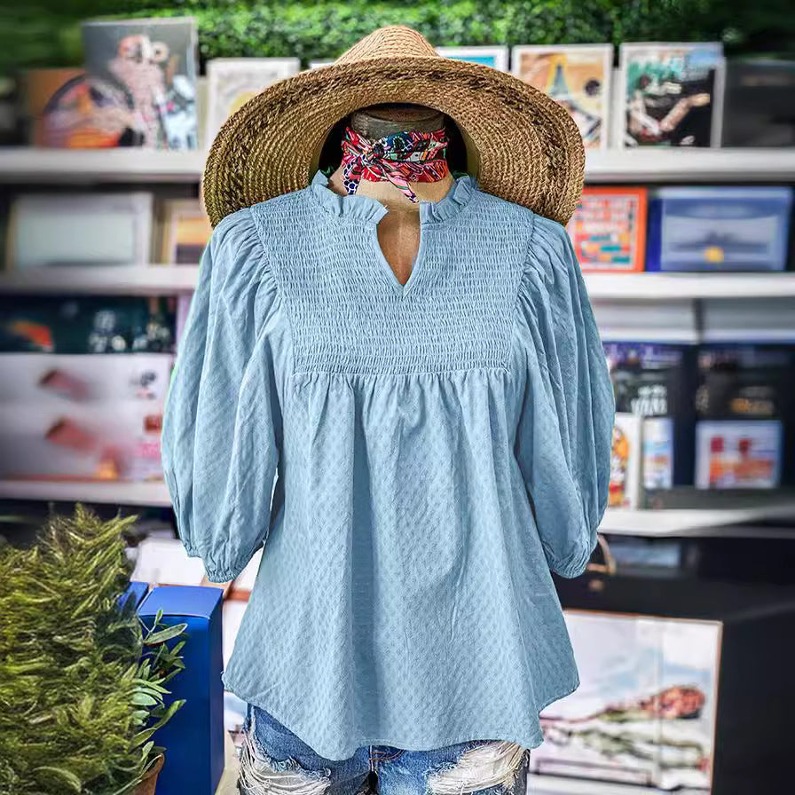 Bell Sleeve Gathers Cotton V-neck Gathers T-shirt