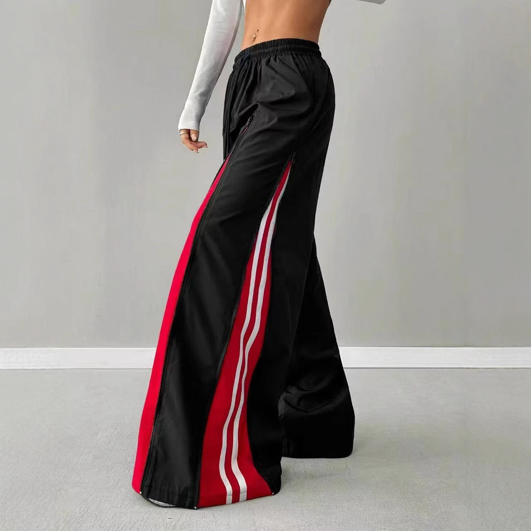 Women's Contrast Color Bell-bottom Pants-black And Red Casual Elastic Waist