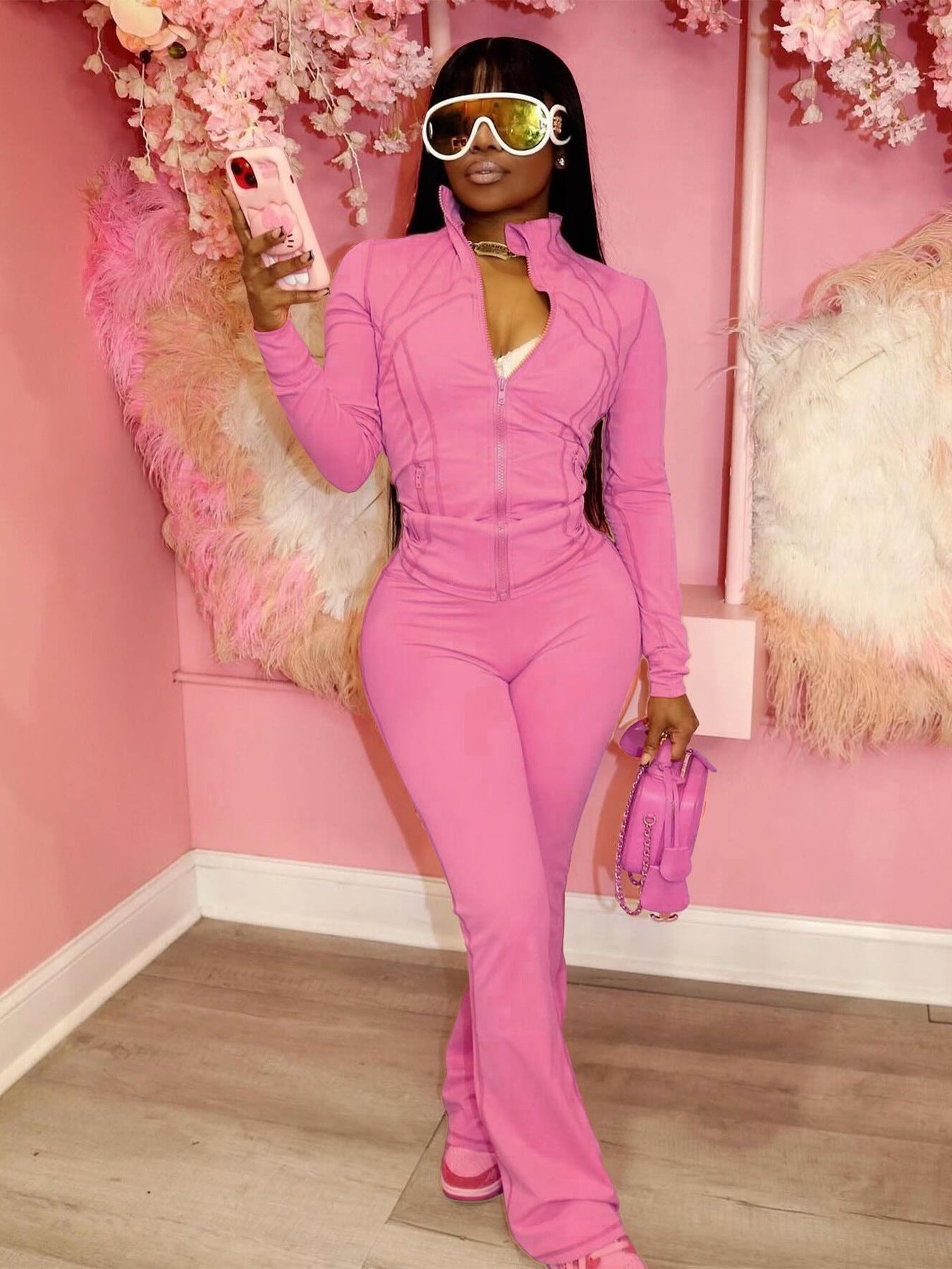 Womens Sporty-casual Sexy Tight-fitting Long-sleeve Flared Two-piece Set