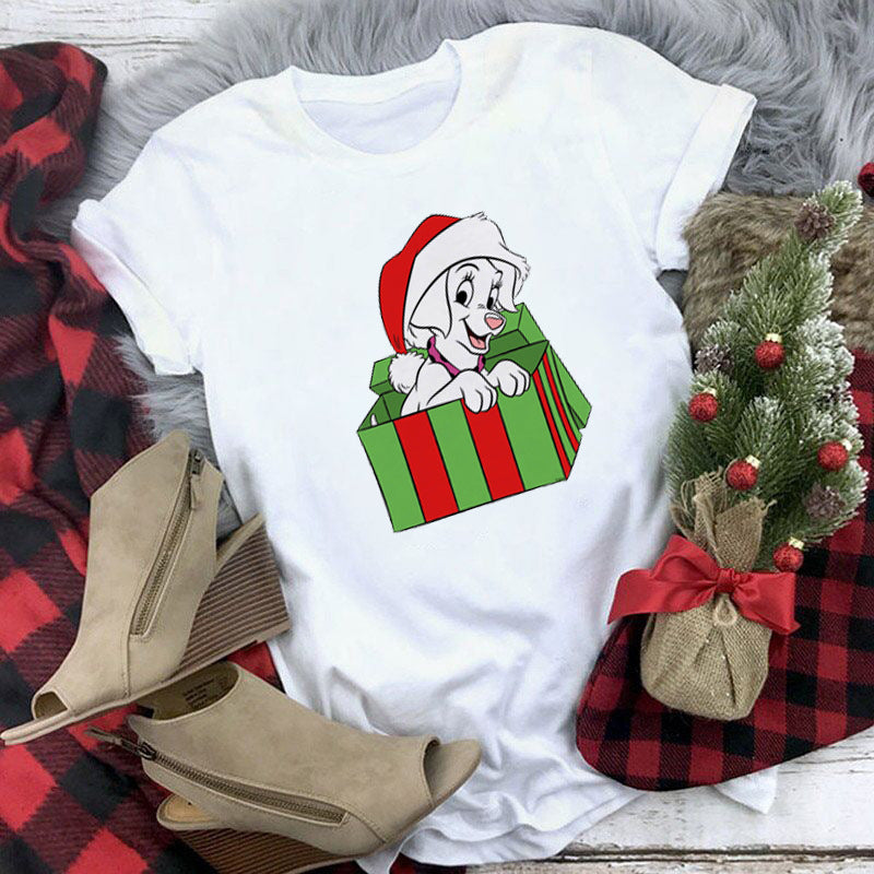 Christmas Lady Cute Dog Printed Short-sleeved Top Casual