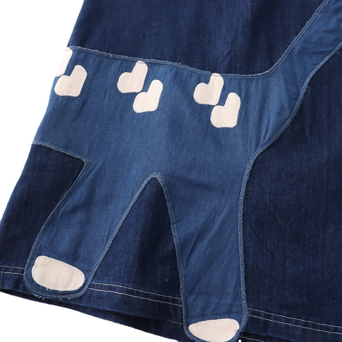 Japanese Vintage Style Cat Paste Cloth Embroidery Dark Blue Thin Washed Denim Skirt