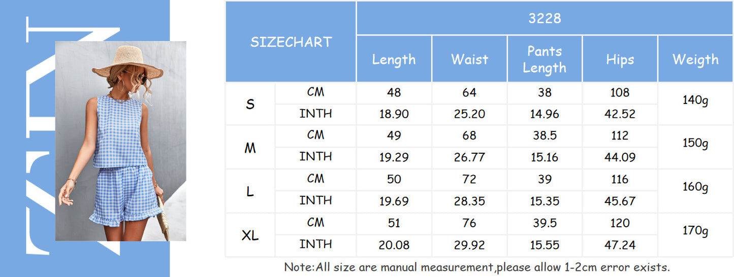 New Independent Station WISH Hot Sale Black And White Plaid Casual Sleeveless Shorts Suit For Women