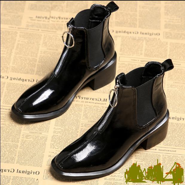 Women's Mid-heel Round-toe Zipper Patent Leather Thick-heel Martin Boots
