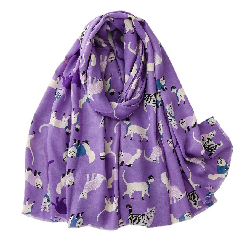 Cotton And Linen Hand Scarf Fashion Cat Cartoon Thermal Shawl