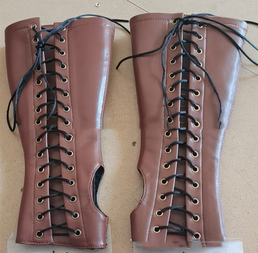 PU Long Lace Up Wrist Guard Half Finger Gloves