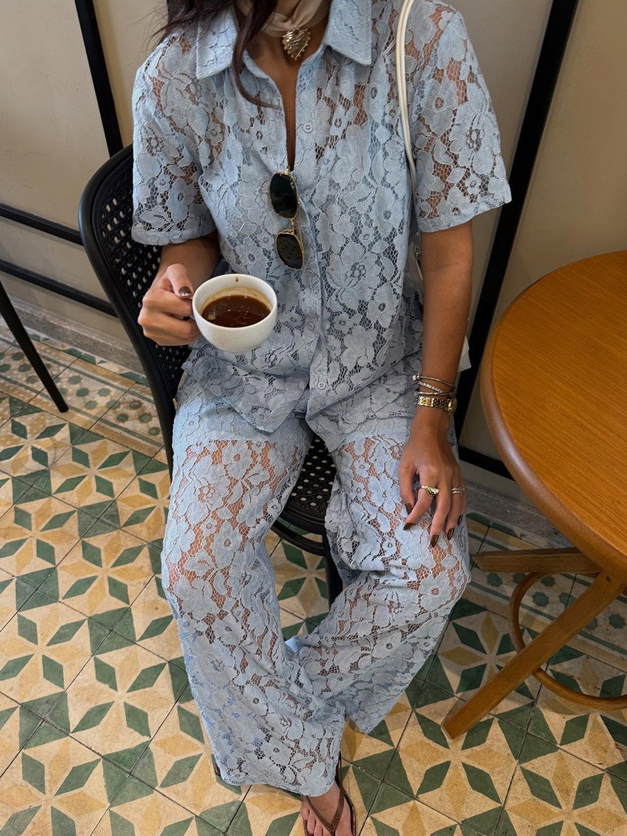 Lace Shirt Vest Long Pants Three Piece Set