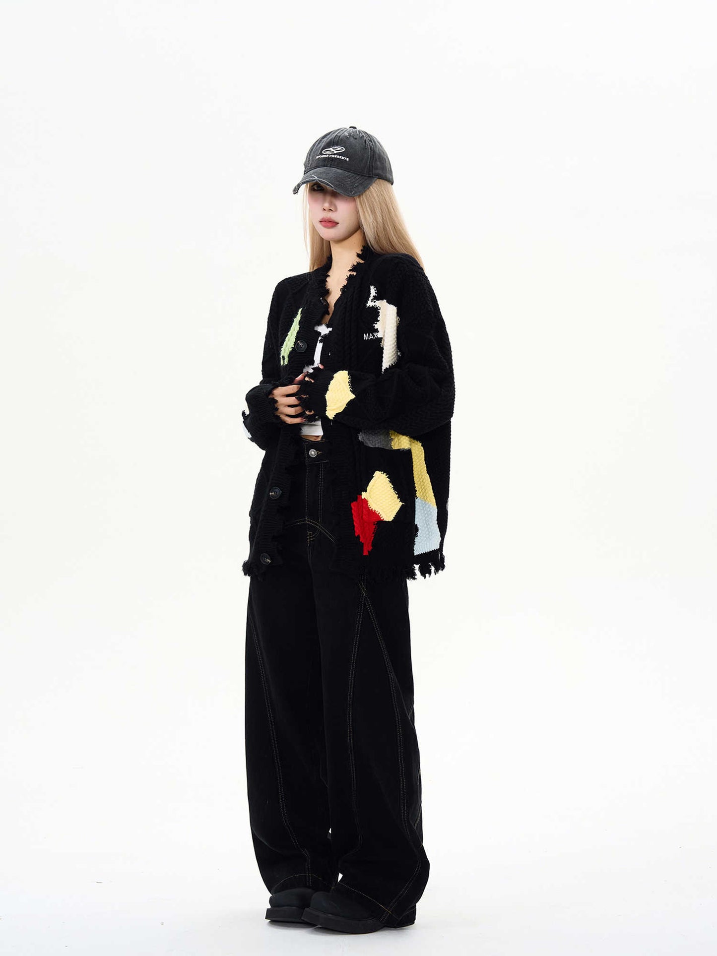 Damaged Contrast Color Cardigan Sweater Men's And Women's Coats