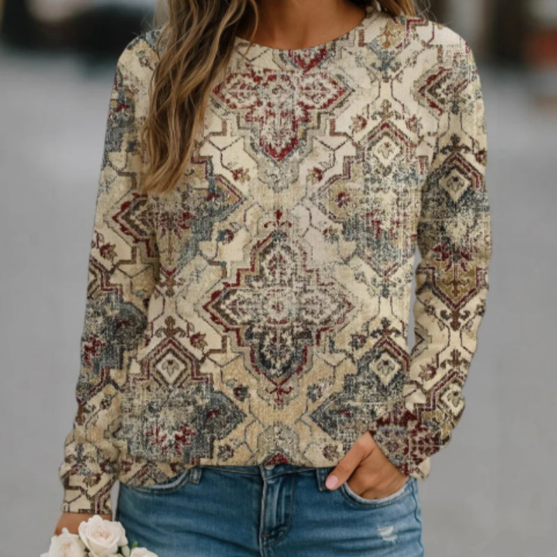 Women's Khaki Stylish Pattern Print Long Sleeve Top