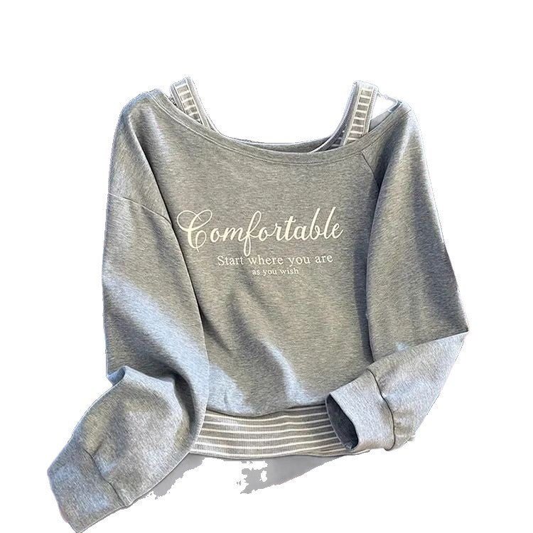 Plus size off-shoulder stribet patchwork falsk todelt sweater til kvinder – efterårsnyhed