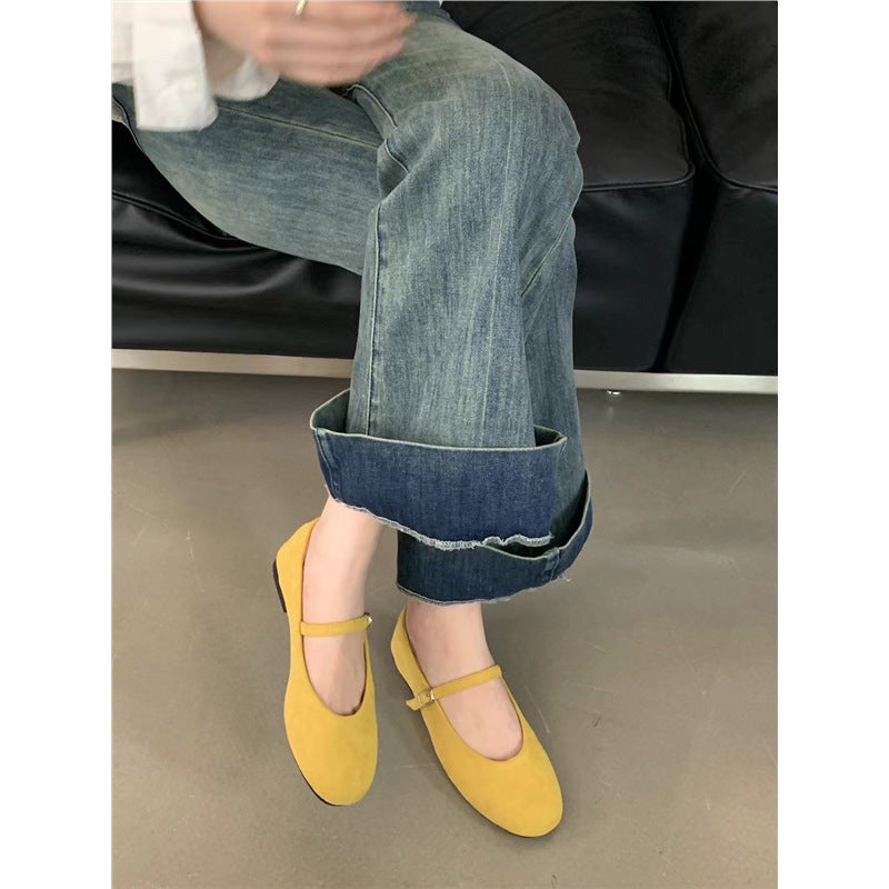 Women's Shallow Mouth Pumps Retro Round Head Soft Flat Bottom Suede