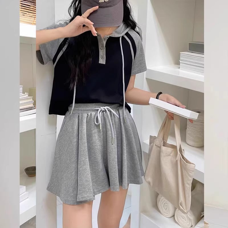 Double Zipper Hooded T-shirt And Shorts Two-piece Set